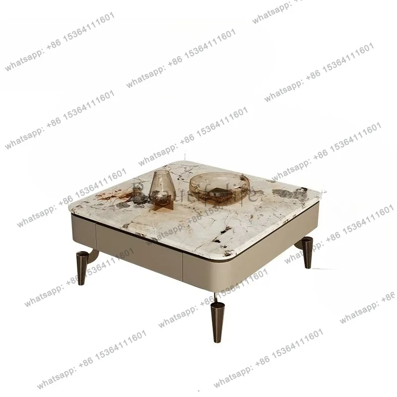 YJ Italian Luxury Square Coffee Table Modern Minimalist Living Room Small Apartment Pandora Stone Marble Look Gold Base