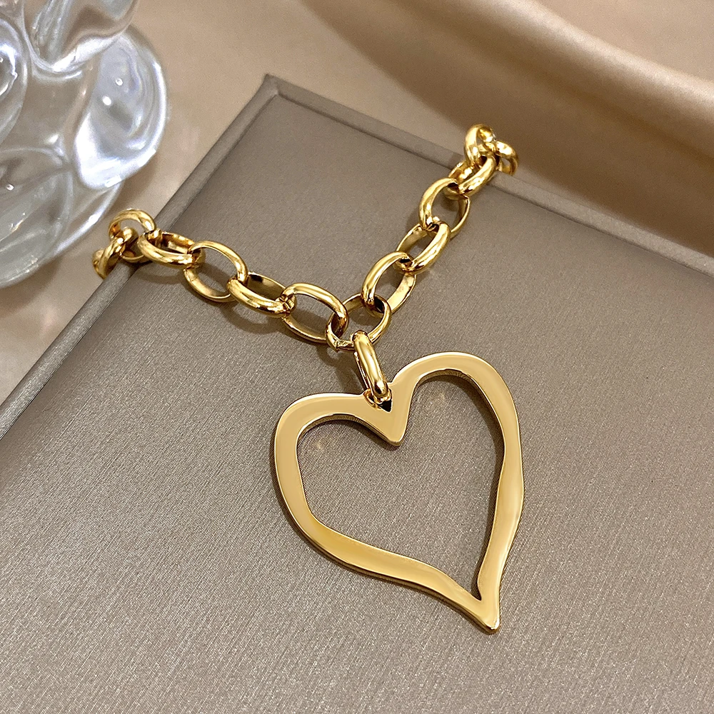 316L Edelstahl Gold Silber Farbe Halskette für Frauen Glänzend Punk Große Hohle Herz Anhänger Halsketten Valentinstag Geschenke – Detail 10