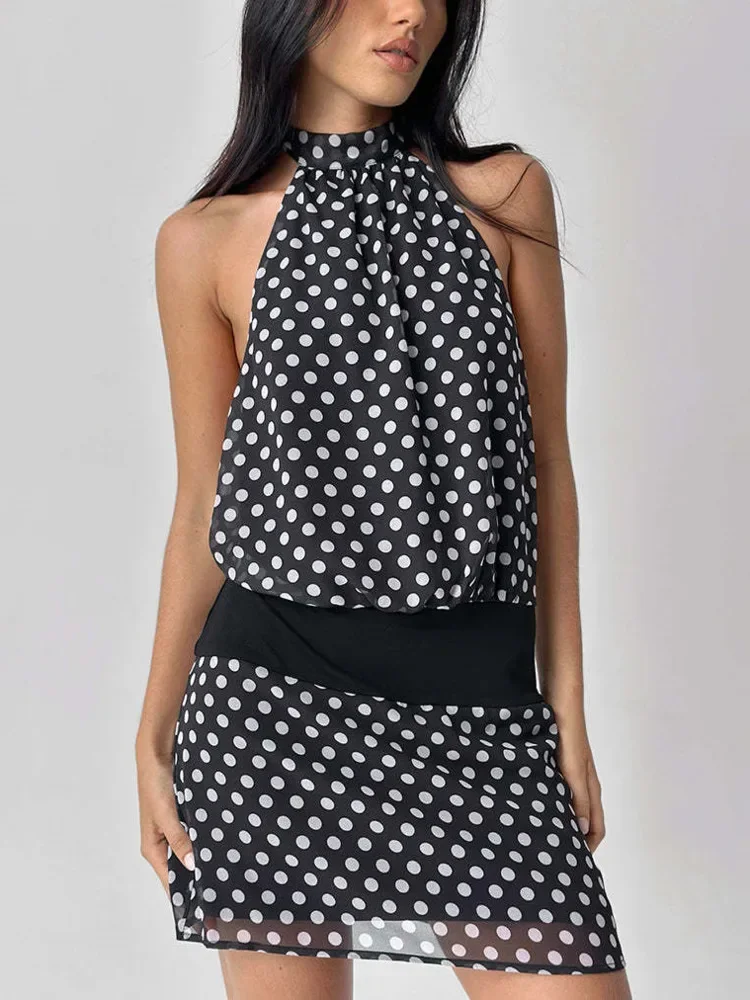 

New Halter Backless Polka Dot Mini Dress Women Robe Summer New Patchwork Sleeveless Slim Elegant Print Polka Dot Dress