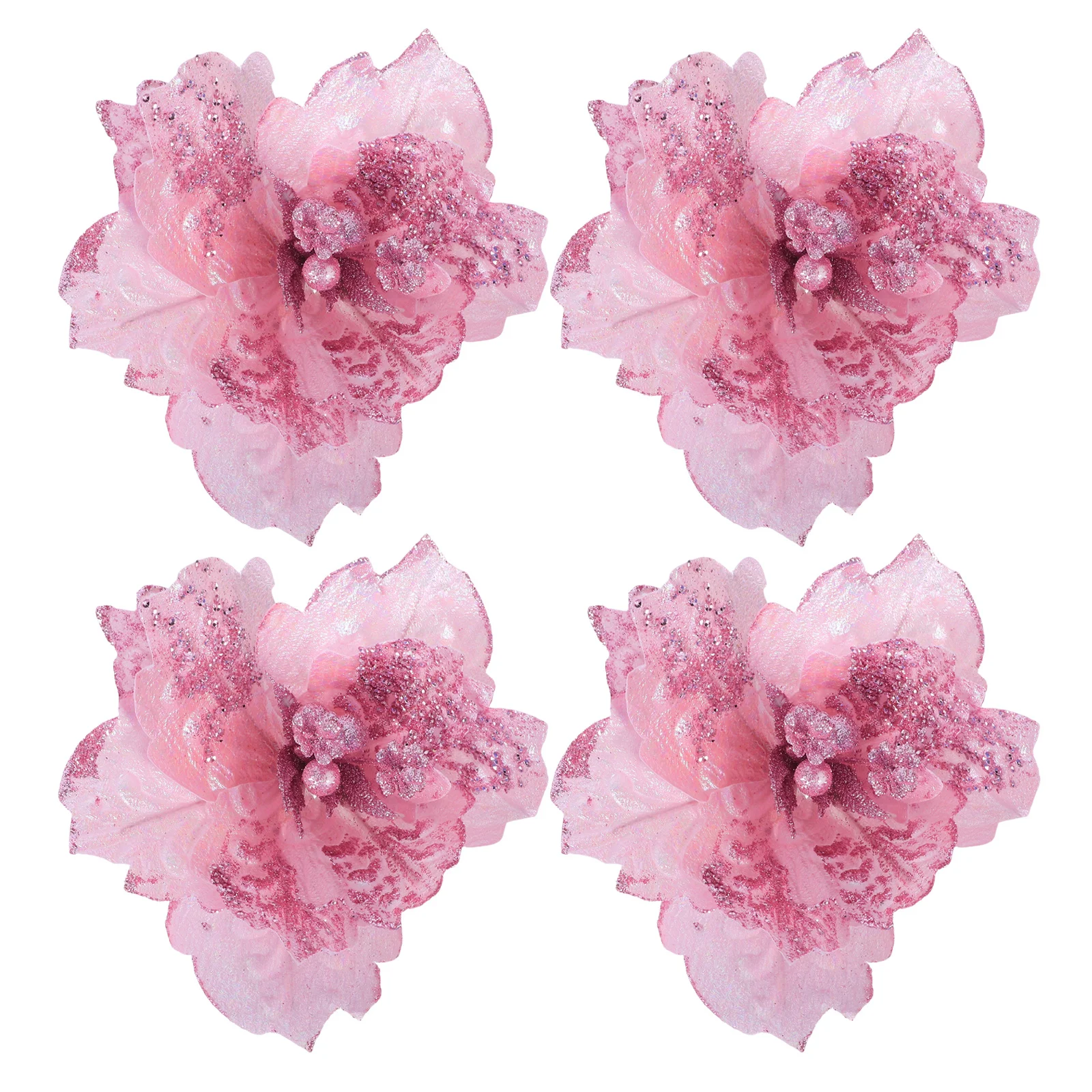 

4Pcs Christmas Poinsettia Silk Glitter Flowers Pink Reusable Xmas Tree Ornaments Table Centerpiece Holiday Floral Decorations