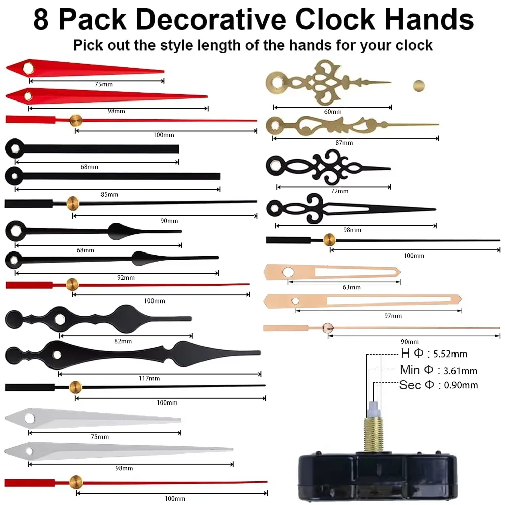 Wholesale 4 Sets Silent Quartz Clock Movement Mechanism Kit with Various Styles Metal Clock Hands for DIY Wall Clock Repair