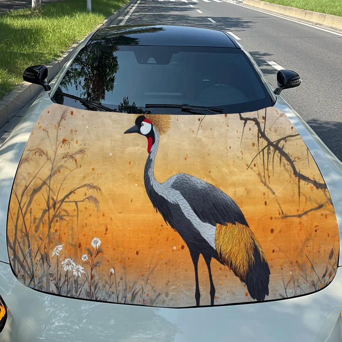 Orange Sunset Crane Art Car Vinyl Wrap, PVC Waterproof Car Hood Sticker, Self-Adhesive Scratch-Resistant Stickers for Engine Cov