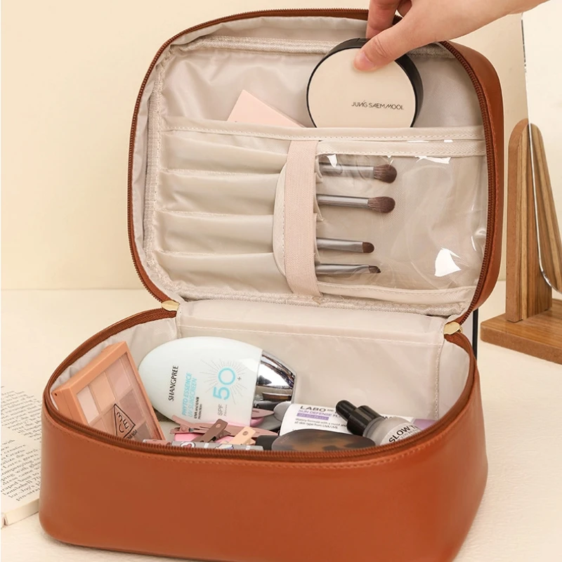

Cosmetic Bag Fashion Square Leather Portable Handheld Makeup Bag Short Trip Toiletries Storage Cosmetic Bag