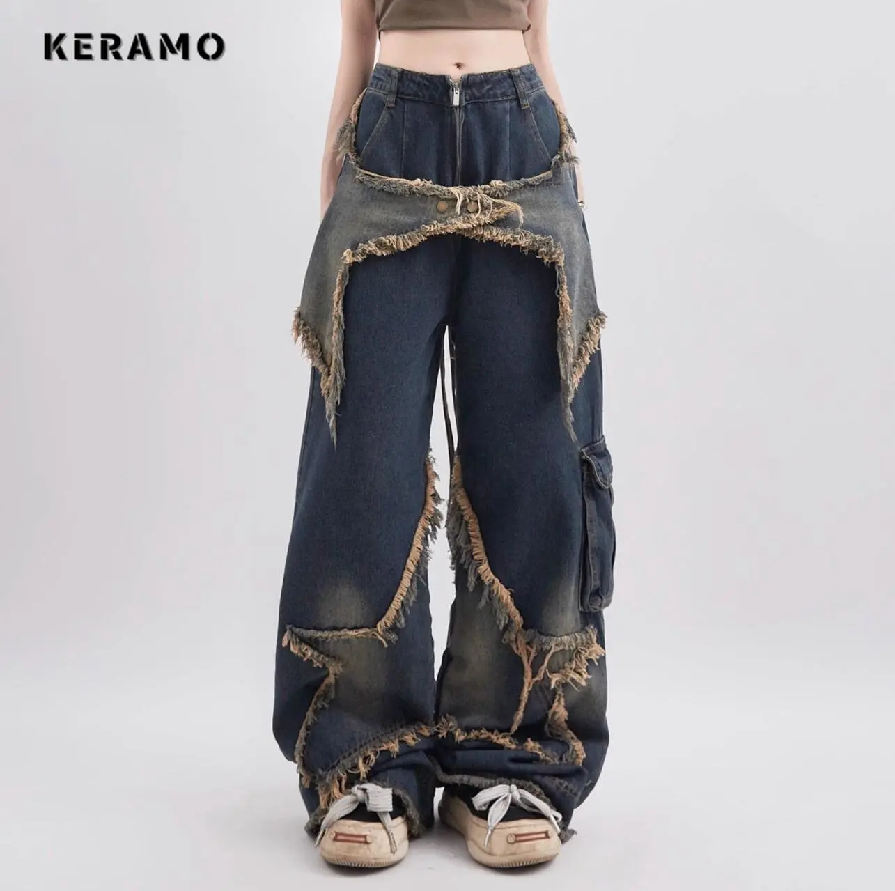 

American Retro Stars Tassels High Waist Straight Jeans Pants Women's Casual Baggy Y2K Wide Leg Grunge Streetwear Denim Trouser