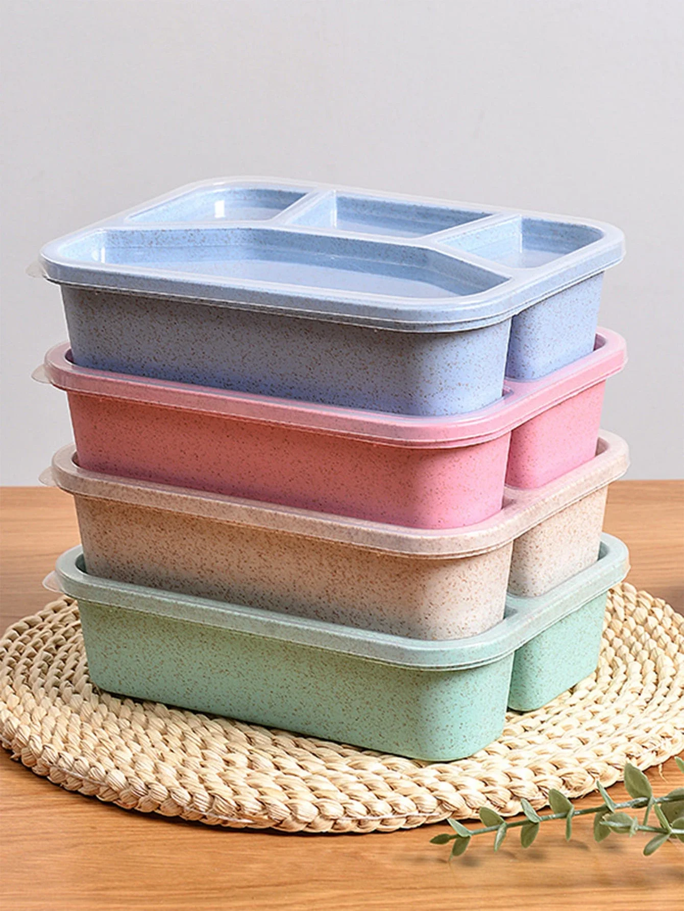 1개 밀짚 도시락통, 일본식 4칸 도시락통, 학생용 사각형 전자레인지용 식품 용기, 사무실용