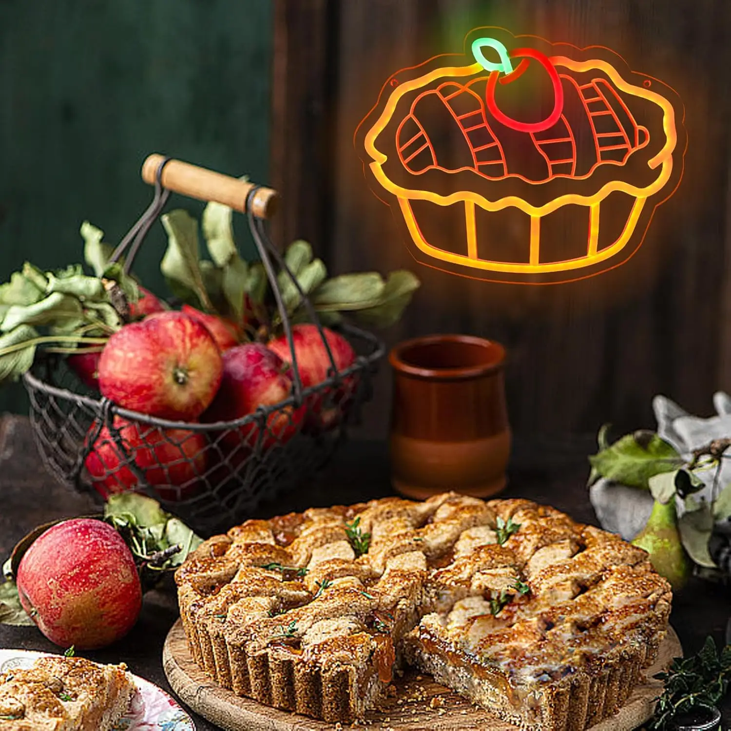 Apple Pie Neon Sign USB Dimmable LED Neon Light for Home Kitchen Restaurant Coffee Shop Club Bar Decoration Gift