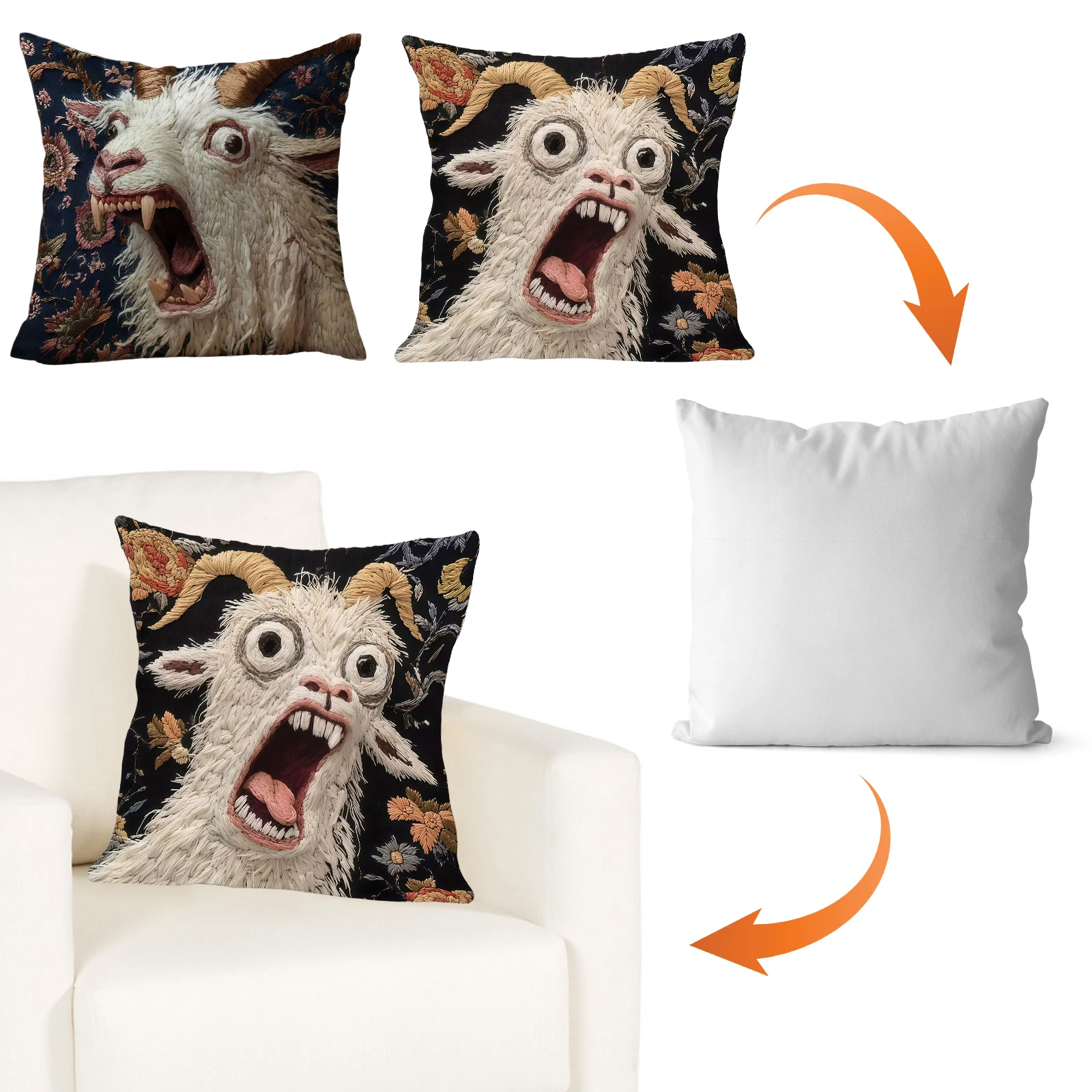 Spooky Goat Face 2D Flat Printed Pillow - Unique Non-real Embroidery Home Decor Screaming Goat Sofa Cushion Cover, 18x18 Inch