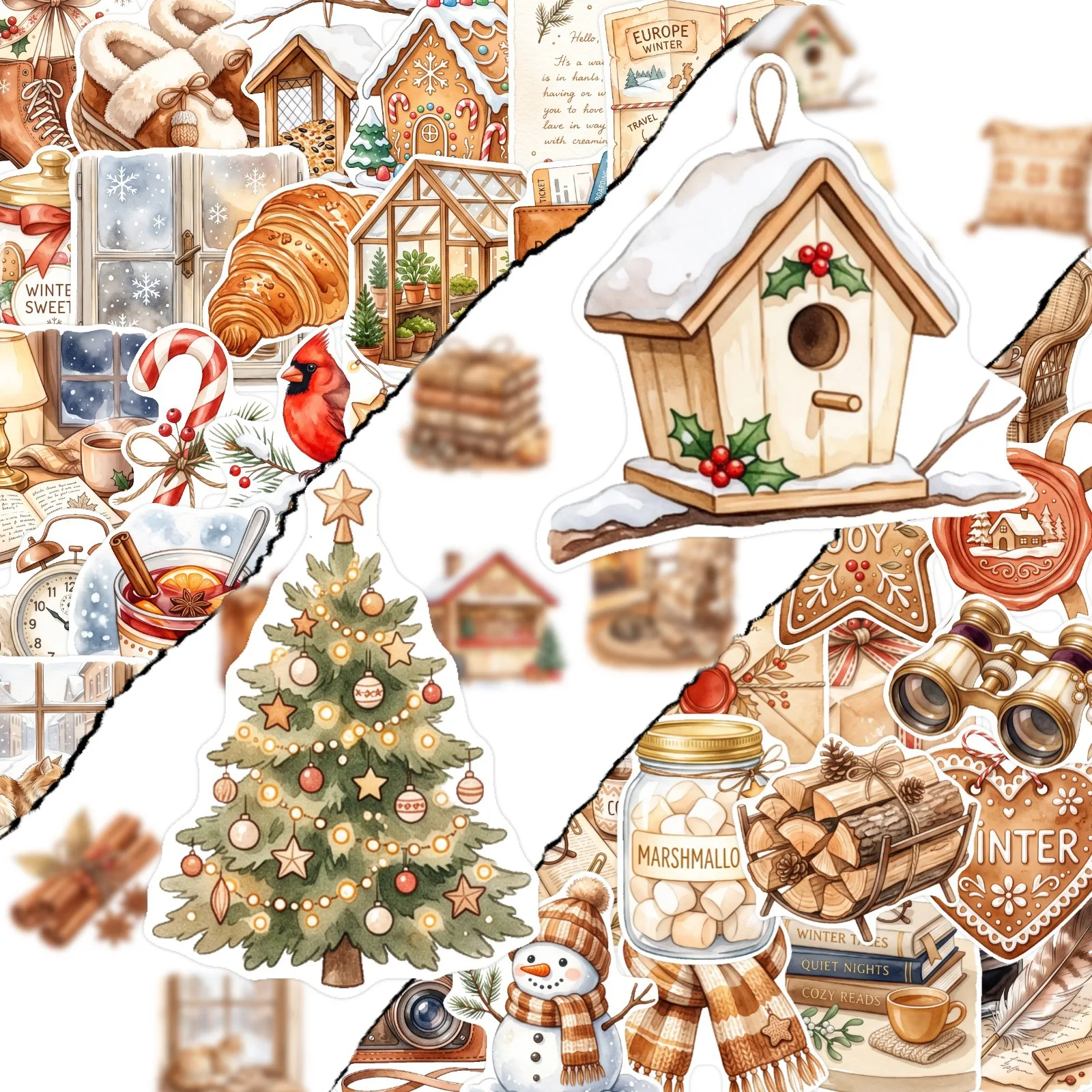 New 50-Piece Winter Home Decor Scrapbooking Stickers Set Vintage Cozy Handmade Design Material for Crafting