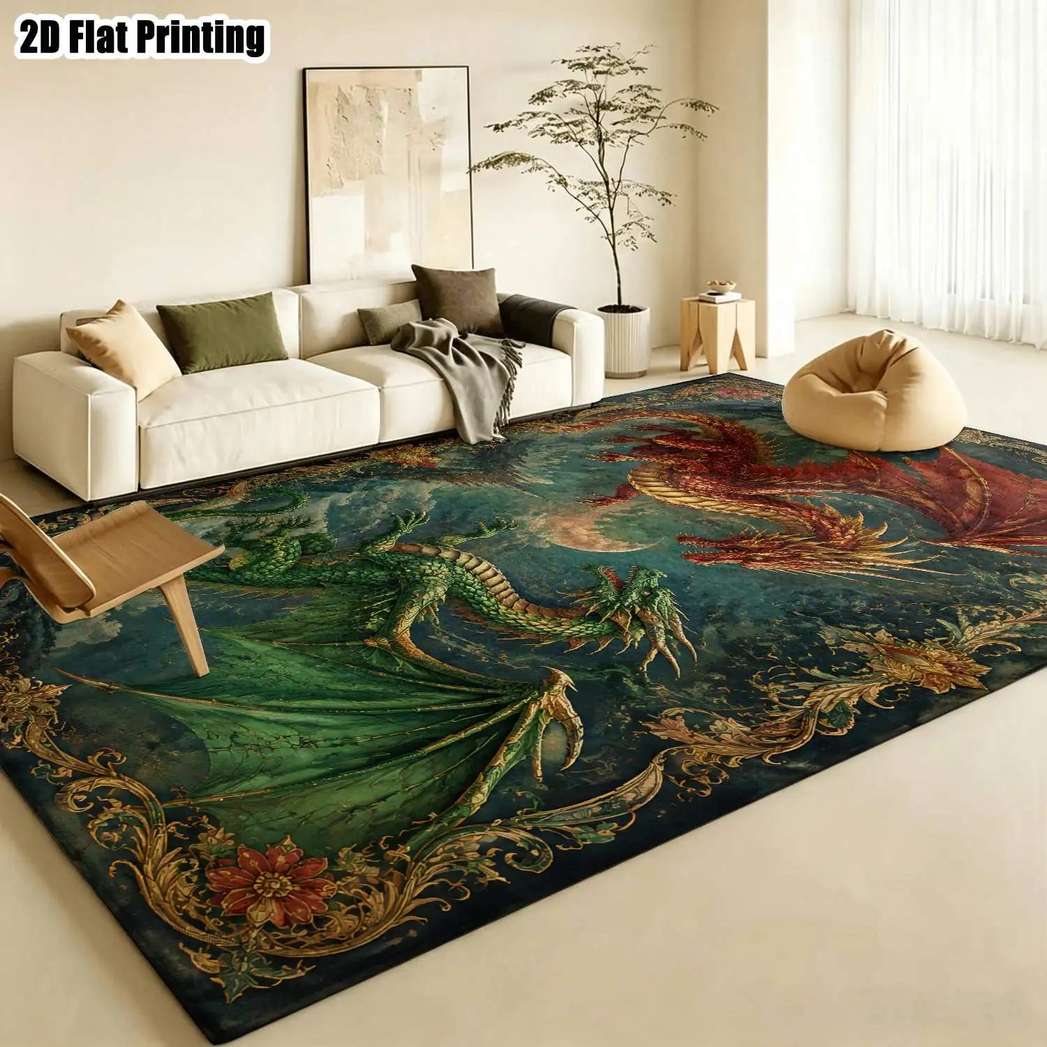 1Pc 2D Printed Dragon Pattern Vintage European Carpet, Home Decor, Multi-Size, Machine Washable, for Living Room, Bedroom, Dining Room, Entrance