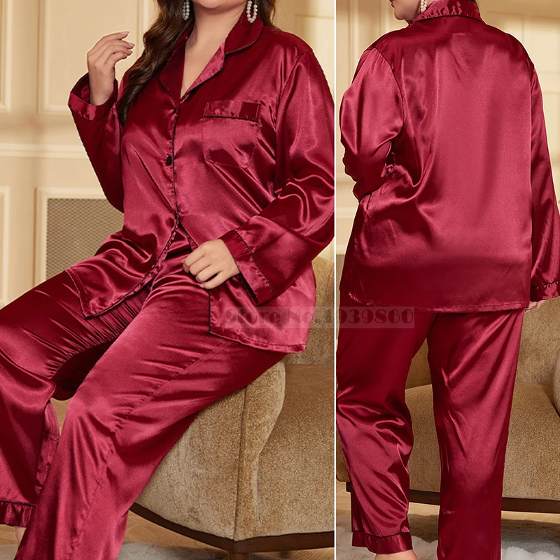 Large Size Female Pajamas Set Spring Summer Silk Satin Sleepwear Trouser Pijamas Suit Loose Casual 2 PCS Shirt&Pant Home Wear