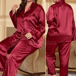 Große weibliche Pyjamas Set Frühling Sommer Seide Satin Nachtwäsche Hose Pyjamas Anzug locker lässig 2 Stück Hemd & Hose Home Wear