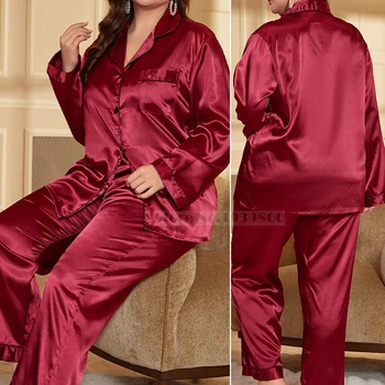 Large Size Female Pajamas Set Spring Summer Silk Satin Sleepwear Trouser Pijamas Suit…