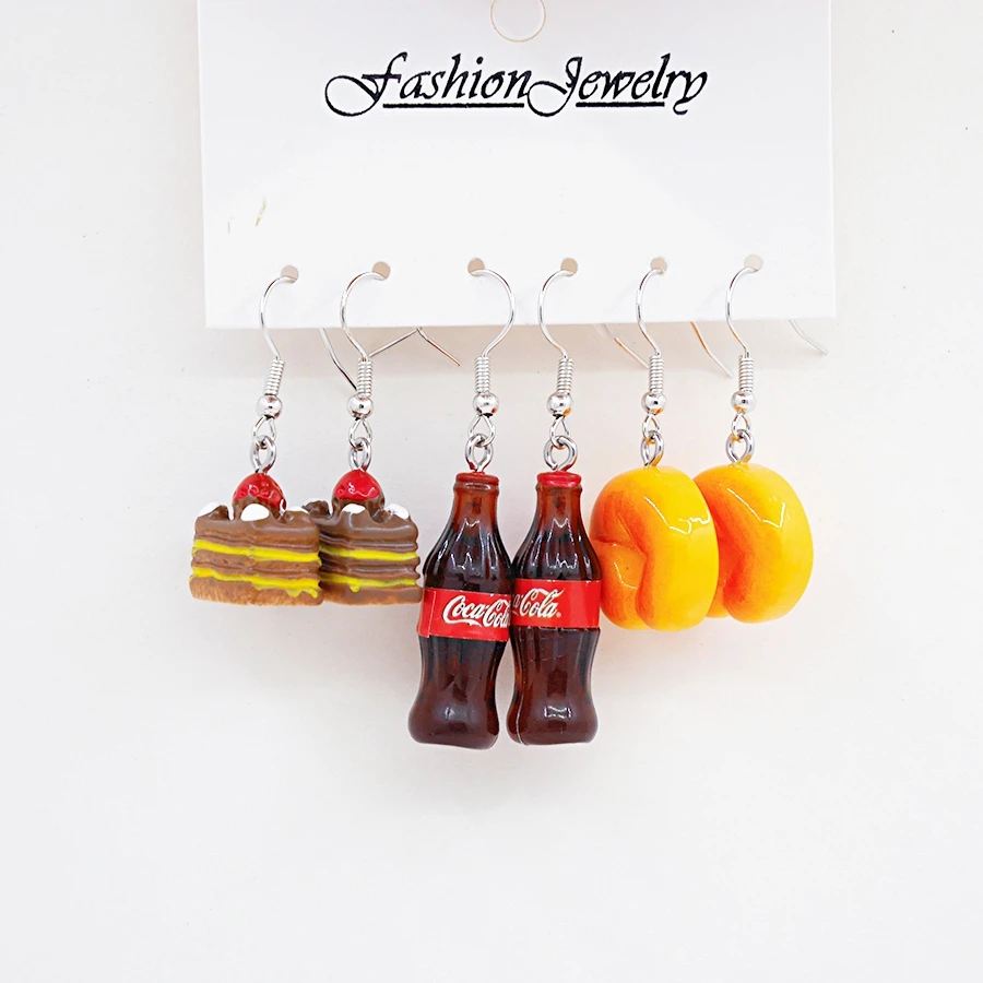 3Pairs/Set Cute 3D Food Earrings Strawberry Chocolate Cake Cola Beverage Butter Bread Drop Earrings Girls Women Daily Earrings