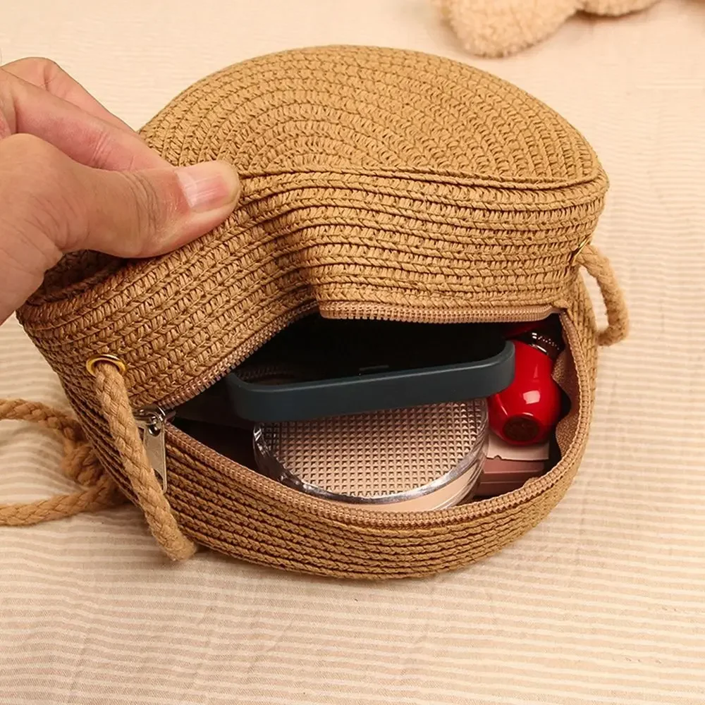 Round Handmade Straw Bag Women Retro Woven Beach Crossbody Bag for Ladies Cute Shoulder Rattan Knitted Candy Color Small Handbag