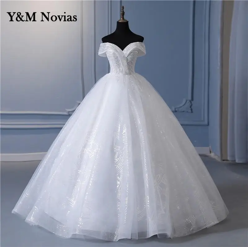 

Y&m Novias Glitter Off White Ivory Wedding Dresses Lace Beaded Ball Gown Cheap Off The Shoulder Short Sleeve Bridal Plus Size