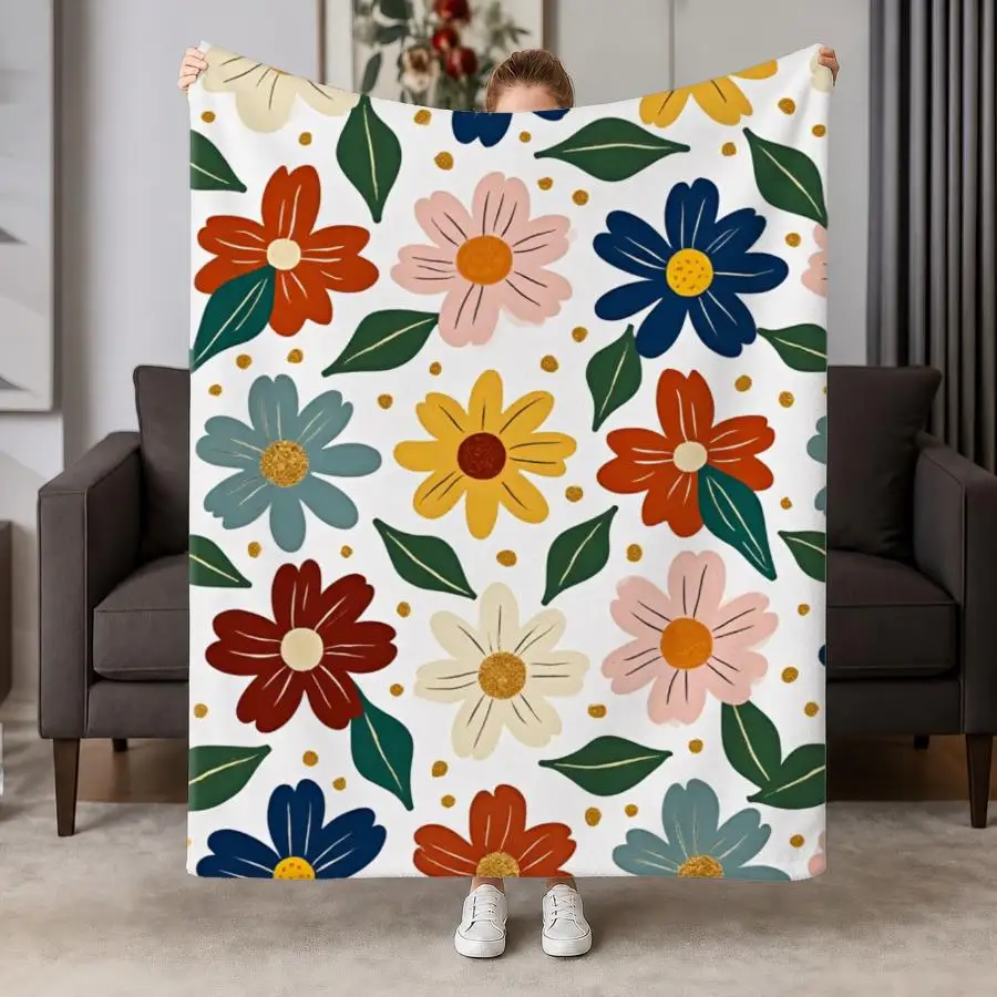 Cozy Hand-Drawn Floral Flannel Throw Blanket - Vibrant Vintage Style with Blue, Yellow & Orange Flowers on White Soft Warm Decor for Couch, Bed & Office Perfect Gift for Family & Friends Weighted Blanket 280GS