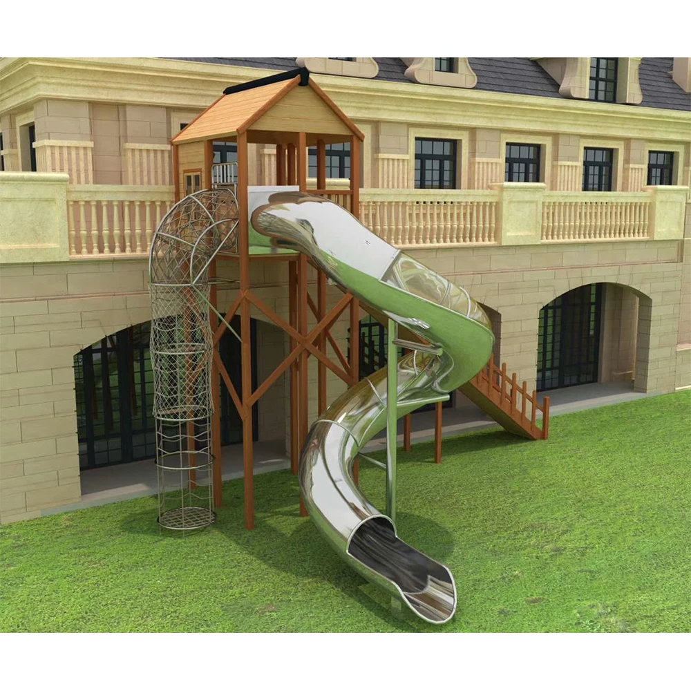 Semi-transparent rotary slide of homestay villa stainless steel spiral slide of fire escape transportation slide