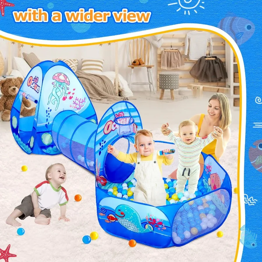 Tienda de juegos 3 en 1 con túnel de juego, linterna de proyección de pozo de bola para niños y niñas, casa de juegos emergente, juguete para bebé Indoo