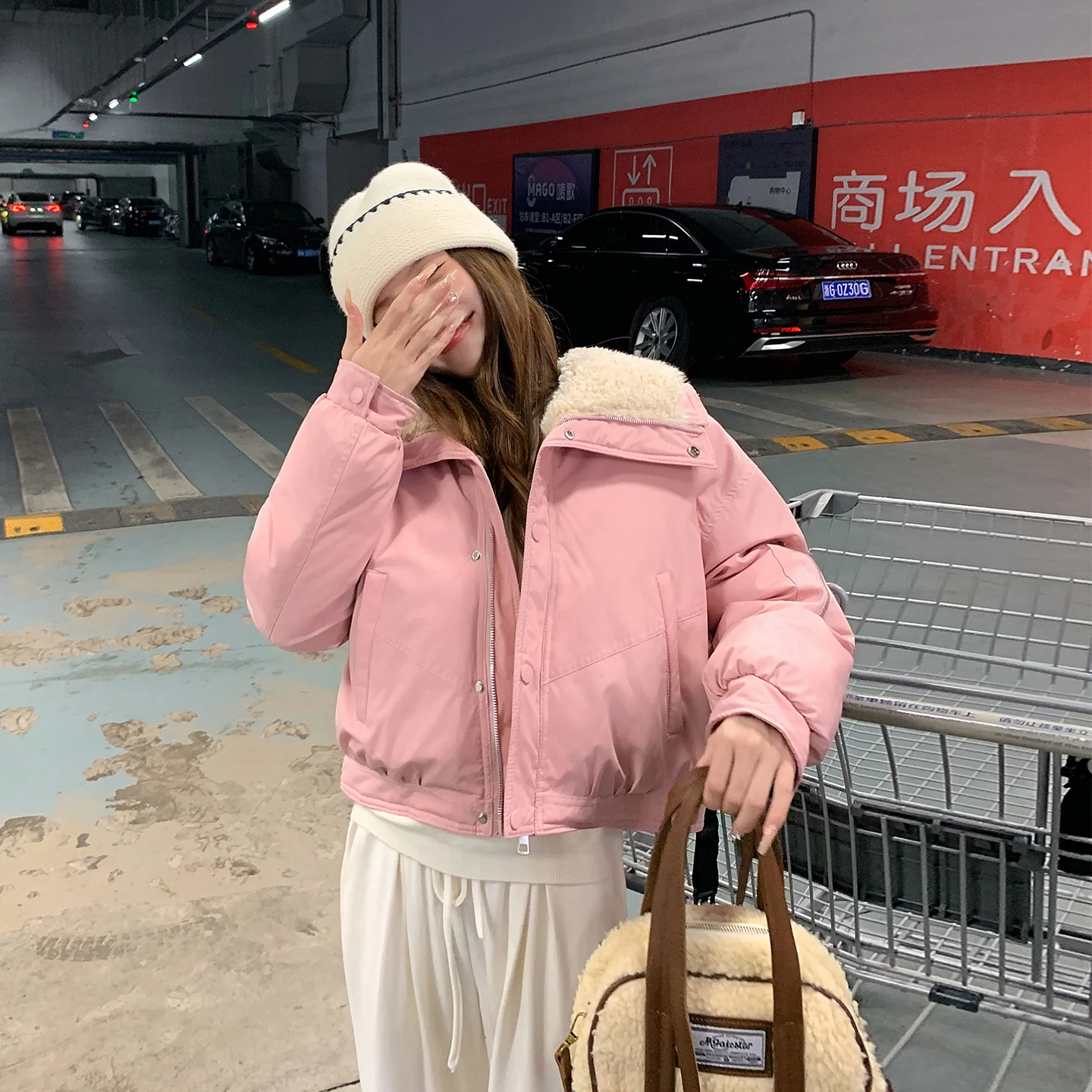 Women Short Parkas Coats Solid Jacket Zipper Pocket Turn Down Collar Long Sleeve Loose Fit Casual Office Lady 2025 Autumn Winter