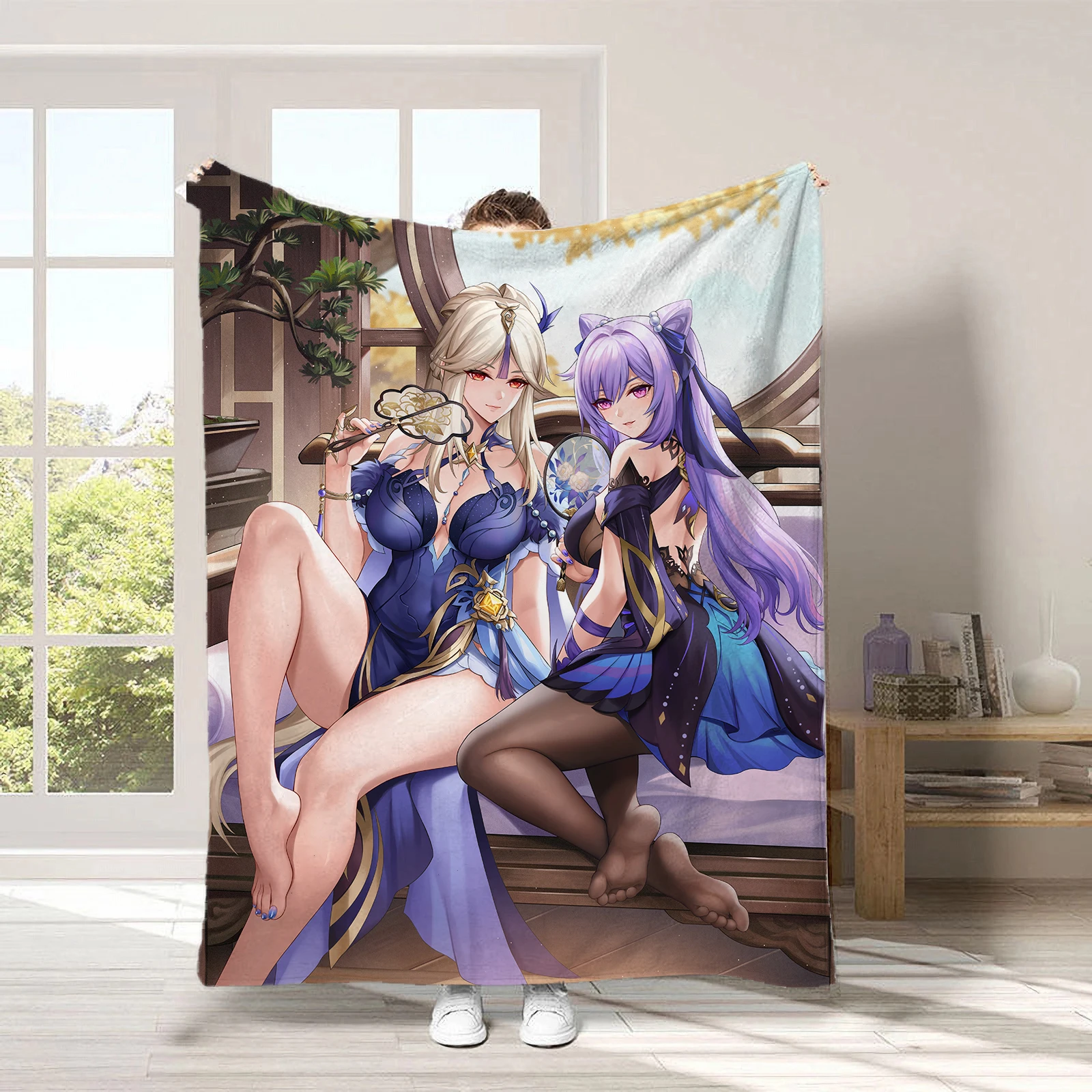 Custom Anime Ningguang Keqing Flannel Throw Blanket 150x200cm Soft Warm Fantasy Girl Sofa Bed Nap Gift for Anime Fans