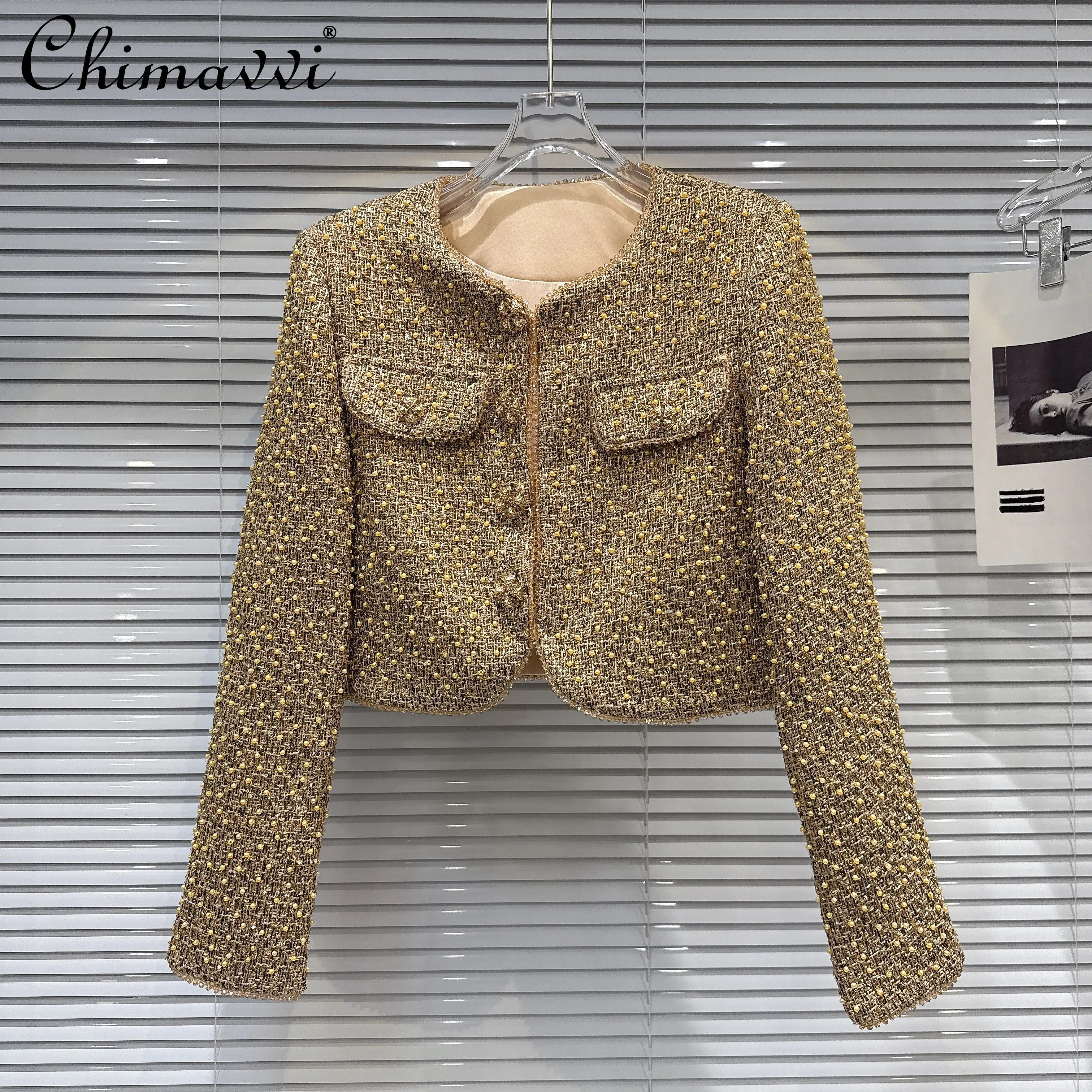

2025 Autumn French Elegant Temperament Socialite Pearl Beaded Round Neck Long Sleeve Single-breasted Tweed Short Jackets Women