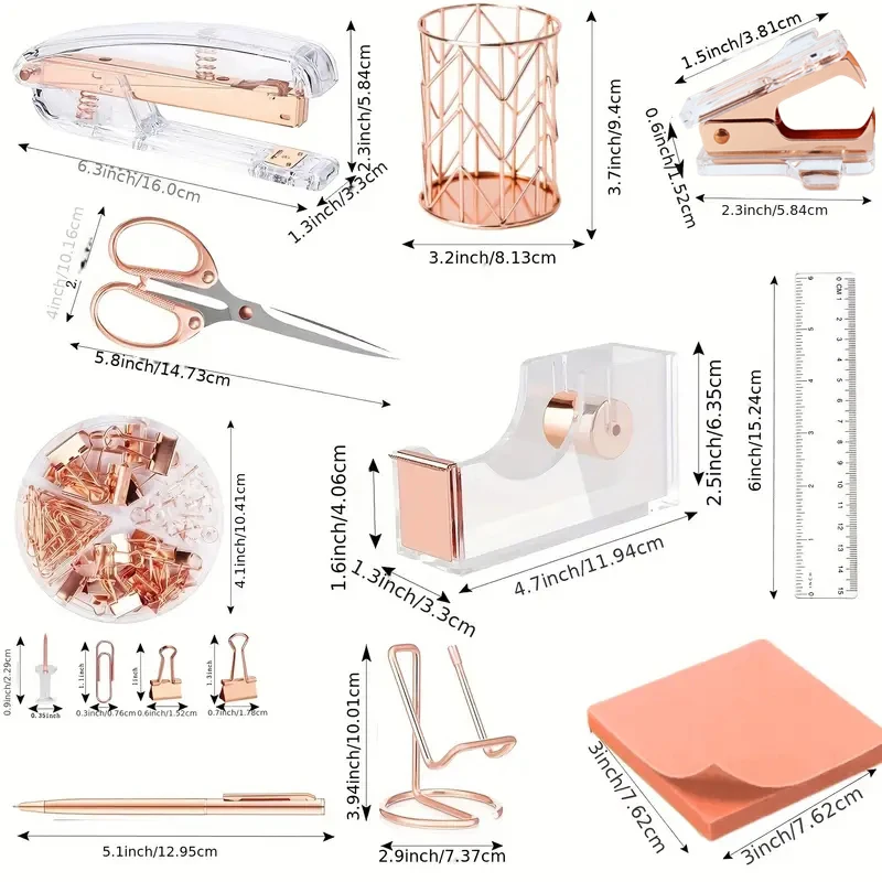 Rose Golden Desk Accessories Acrylic Stapler Staples Remover Tape Holder Pen Holder Ballpoint Pen Scissors Binder Staples Phone