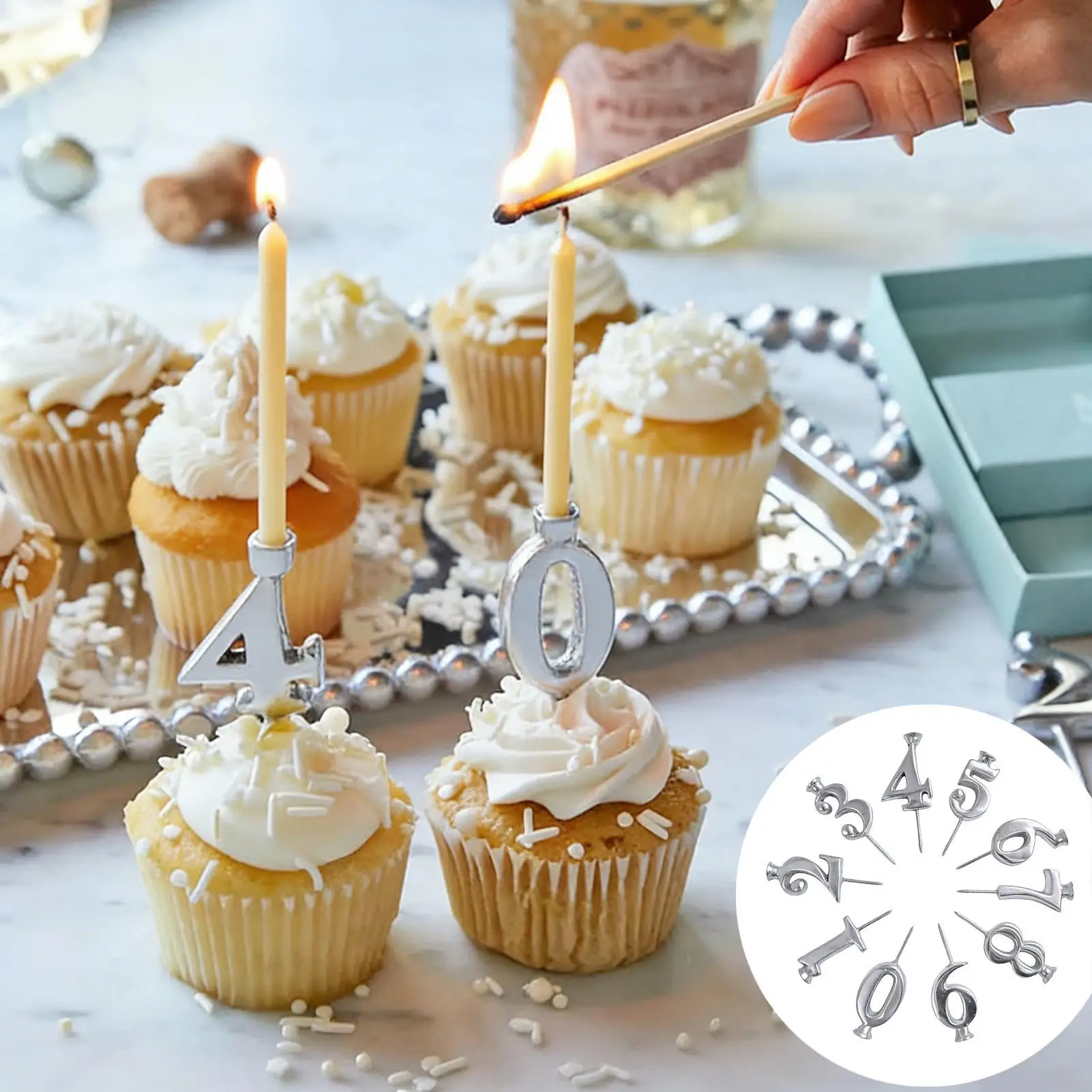 Wiederverwendbares Zahlen-Kerzenhalter-Set für Geburtstagskuchen, silberne Kuchendekoration, verstellbarer Kerzenhalter.