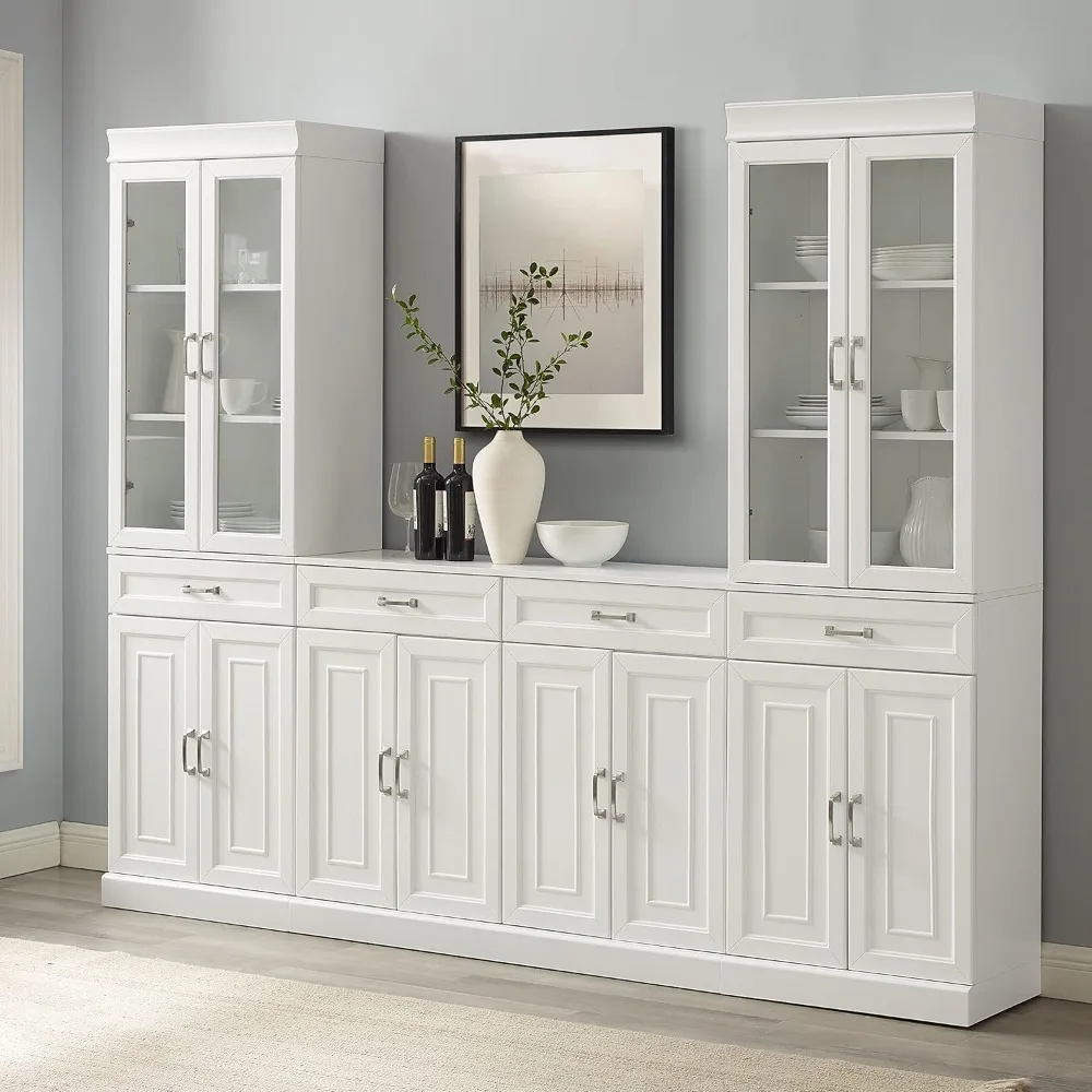 Stanton 3-Piece Sideboard Buffet Cabinet and Glass Door Kitchen Storage Pantry Set, White