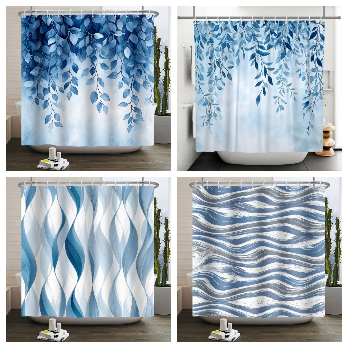 

Modern Blue Abstract Pattern Shower Curtain Leaf Wave Bathroom Decor Waterproof Fabric Bath Curtain With Hooks Home Decoration