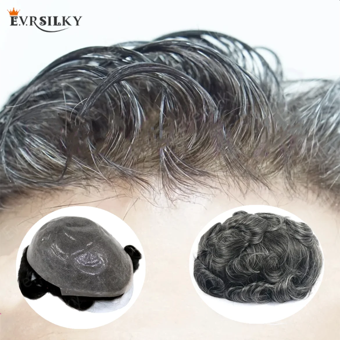 Perruque toupet pour hommes, cheveux naturels, légers, densité 80%, 0.02mm, peau Super fine, gris, toupet Invisible, Vloop, prothèse capillaire