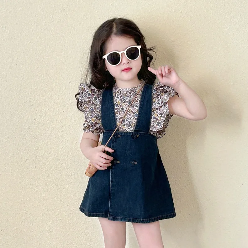 Children\'s Clothing Sets Floral Print Fly Sleeve Shirt + Denim Slip Dress 2pcs Sets Kids Clothes for Girls Kids Boutique Clothes