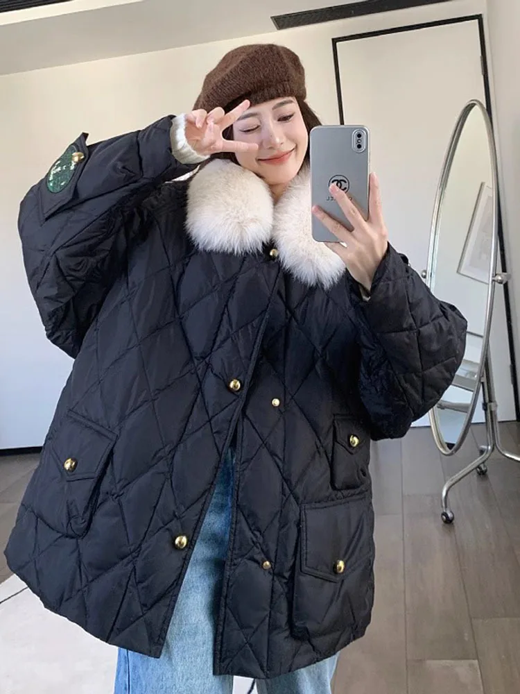 2023 White Duck Down Jacket Winter Women Warm Loose Coat Natural Real Fox Fur Collar Thick Luxury Outerwear New Fashion