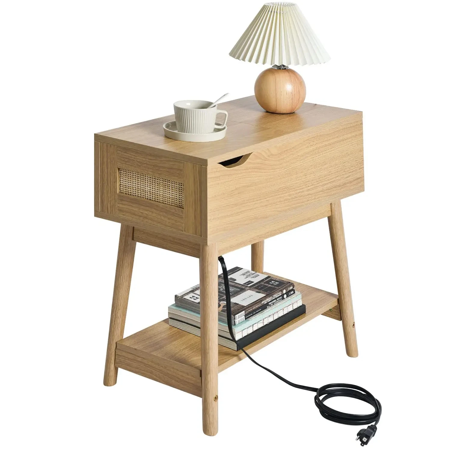 forModern Design Bohemian Style Wooden Flip Top Smart Nightstand Bedside Table with Charging Station for Bedroom