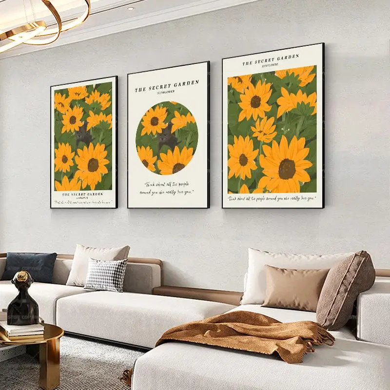 Modern Nordic Small Fresh Orange Hand Painted Cat Sunflower Flower Wall Art Canvas Painting Posters For Living Room Home Decor