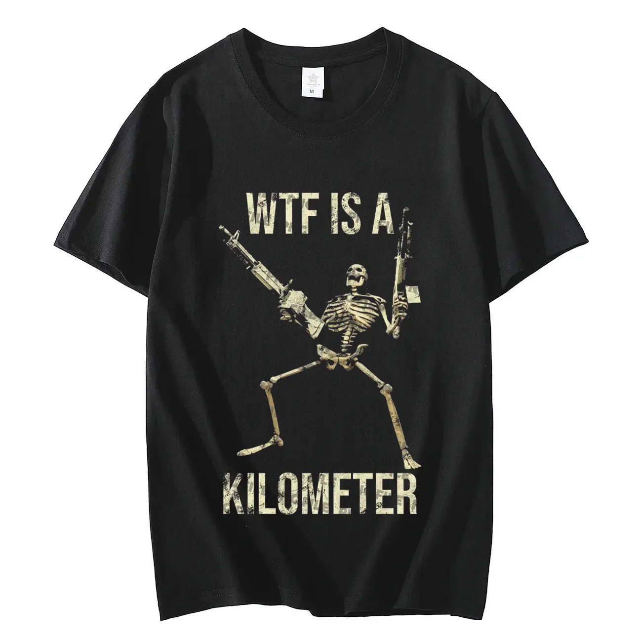 

Funny WTF Is A Kilometer Skeleton Guns Graphic T Shirts Men Women Gothic Trend Vintage T-shirts Fashion Casual Oversized T-shirt