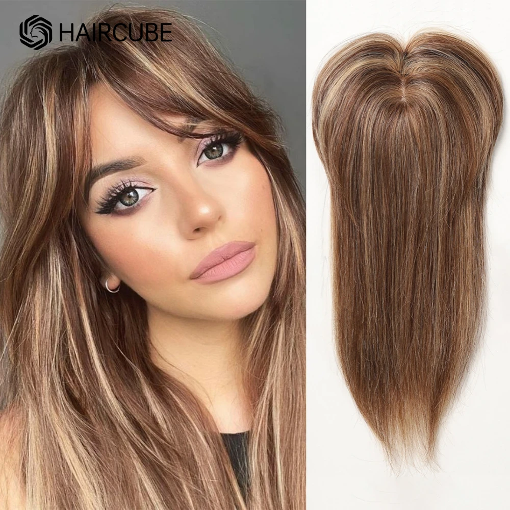 Hair Toppers Remy Human Hair Women Toppers for Thinning Hair Brown Highlight Hair Pieces with Bangs Silk Base 3 Clips on Topper