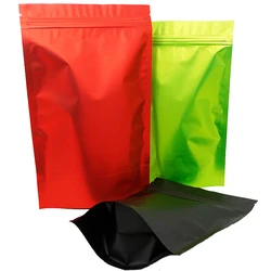 100 peças cores em pé sacos de folha de alumínio com fecho zip lock acabamento fosco-bolsas de embalagem de mercearia reutilizáveis com zíper em preto/vermelho/verde