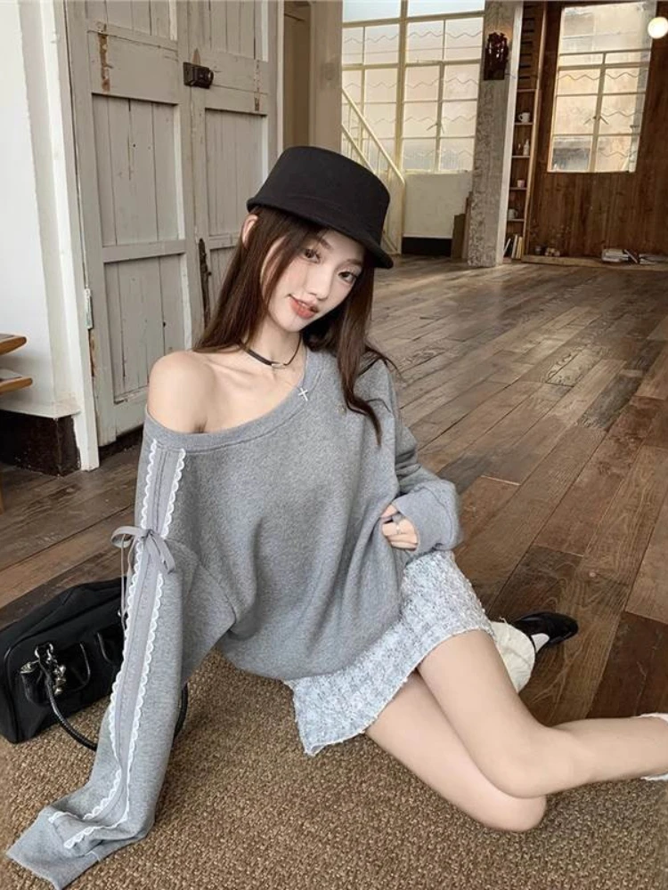 Y2k Esthetische Kant Brief Hoodie Dames Skew Kraag Lace Up Streetwear Hoody Harajuku Vintage Oversized Streep Lange Mouw Tops