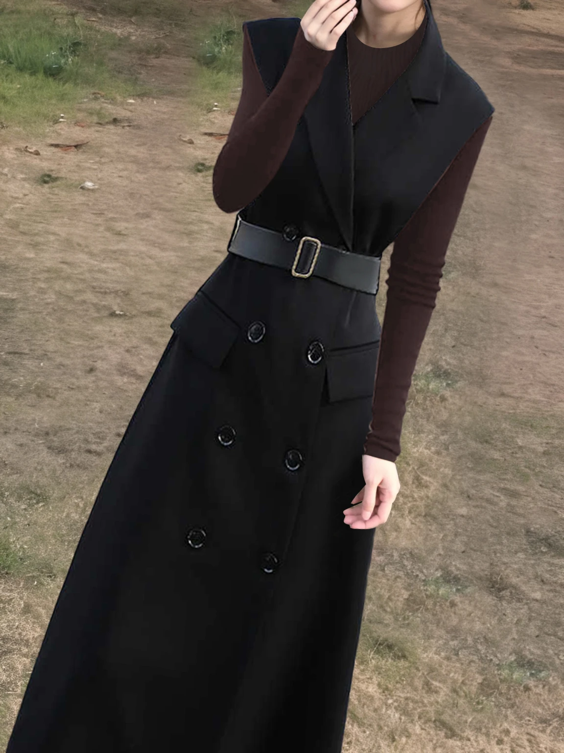 

Elegant Double-Breasted Suit Vest Dress Commute Set Two-Piece Spring 2026 Collection Long Sleeve Collar Polyester Fiber