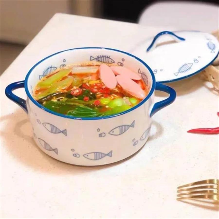 1pc ceramic double ear bowl with cover, 1000ml/34oz Noodles in soup bowl, 15cm/6inch microwave oven bowl