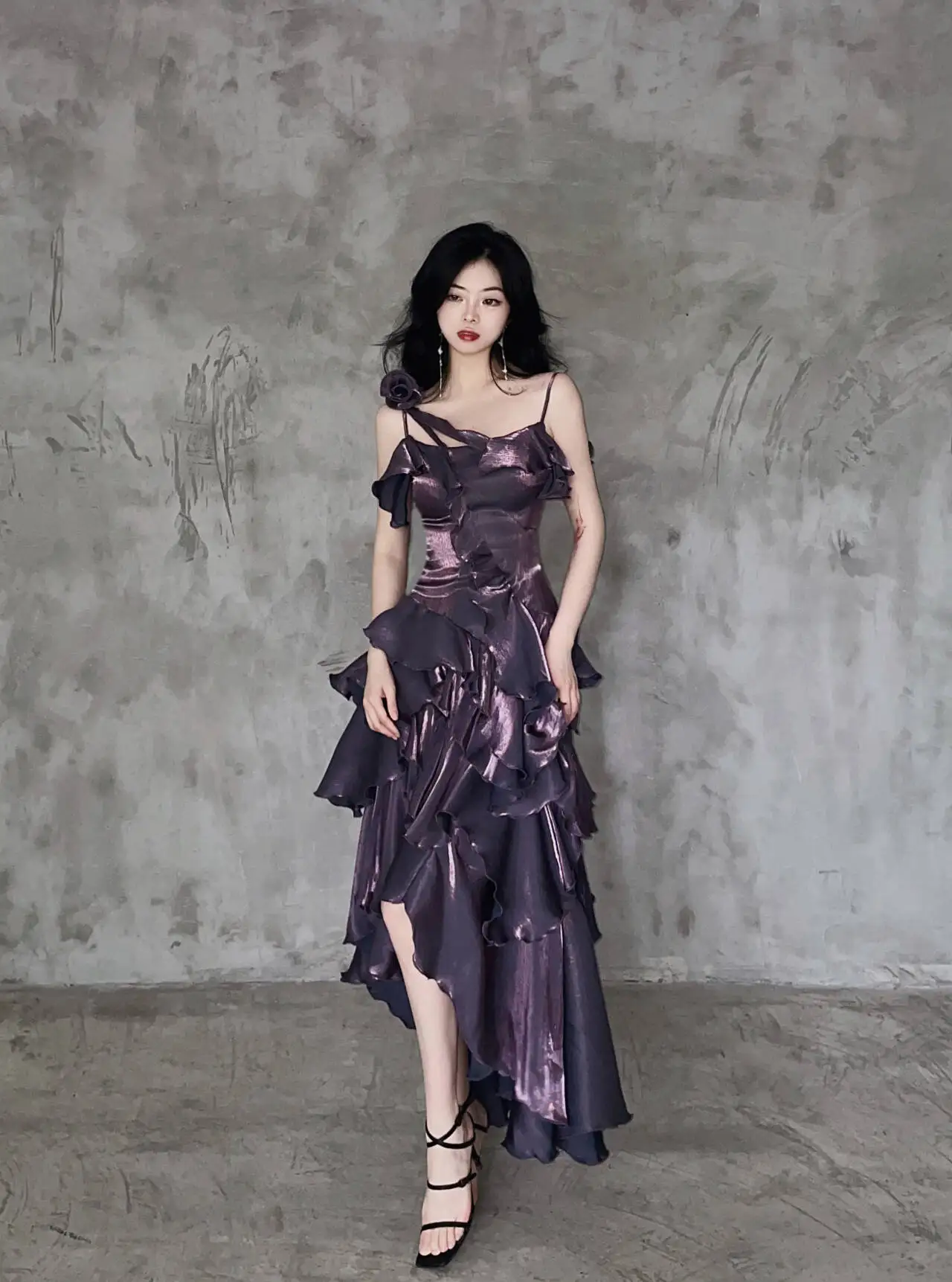 Red Elegant Evening Dress Women's Sweet 3D Rose Slim-Fit Irregular Fishtail Dress Ladies Gothic Retro Lo Suspender Dress Jsk