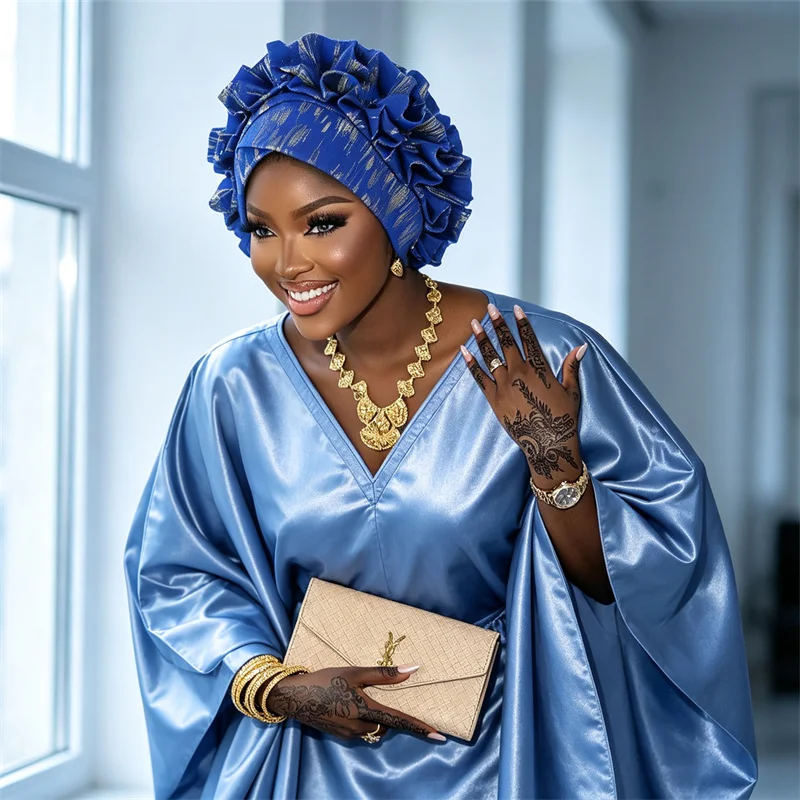 African Auto Gele Headtie Aso Oke Nigeria Wedding Party Headgear Muslim Hijab Bonnet Women Turban Cap Head Wrap Flower Headpiece