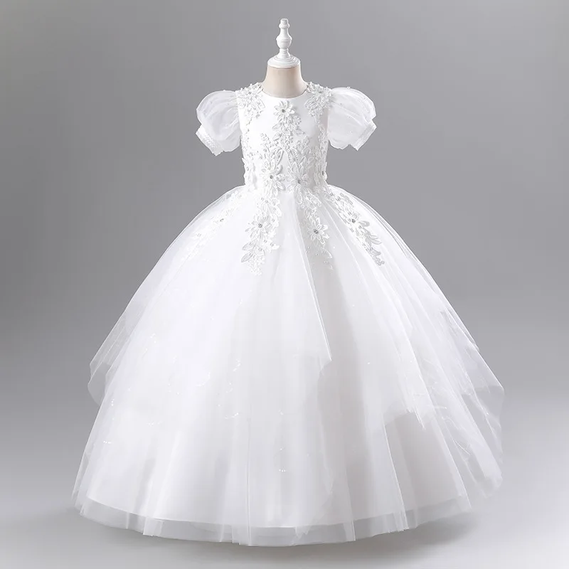 Vestido de champagne flor para casamento, Lace Applique, Brilhante Puffy manga curta, princesa do aniversário das crianças, vestido de primeira comunhão