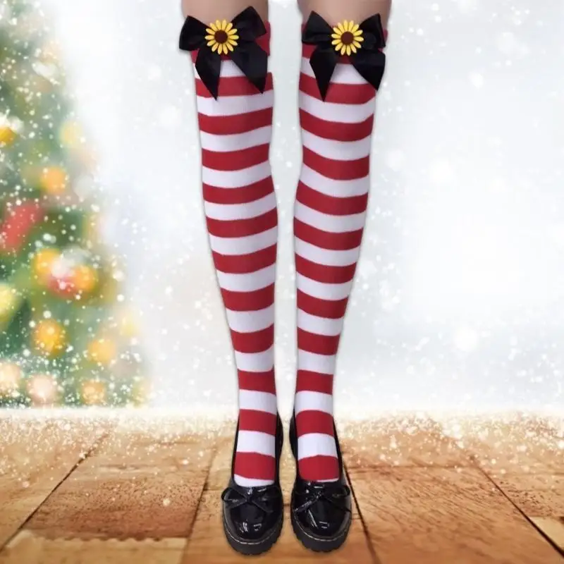 195E Sweet Bowknot Striped Over Knee Socks for Women Christmas Festivals Thigh High Long Tube Stockings Holiday Party Gift