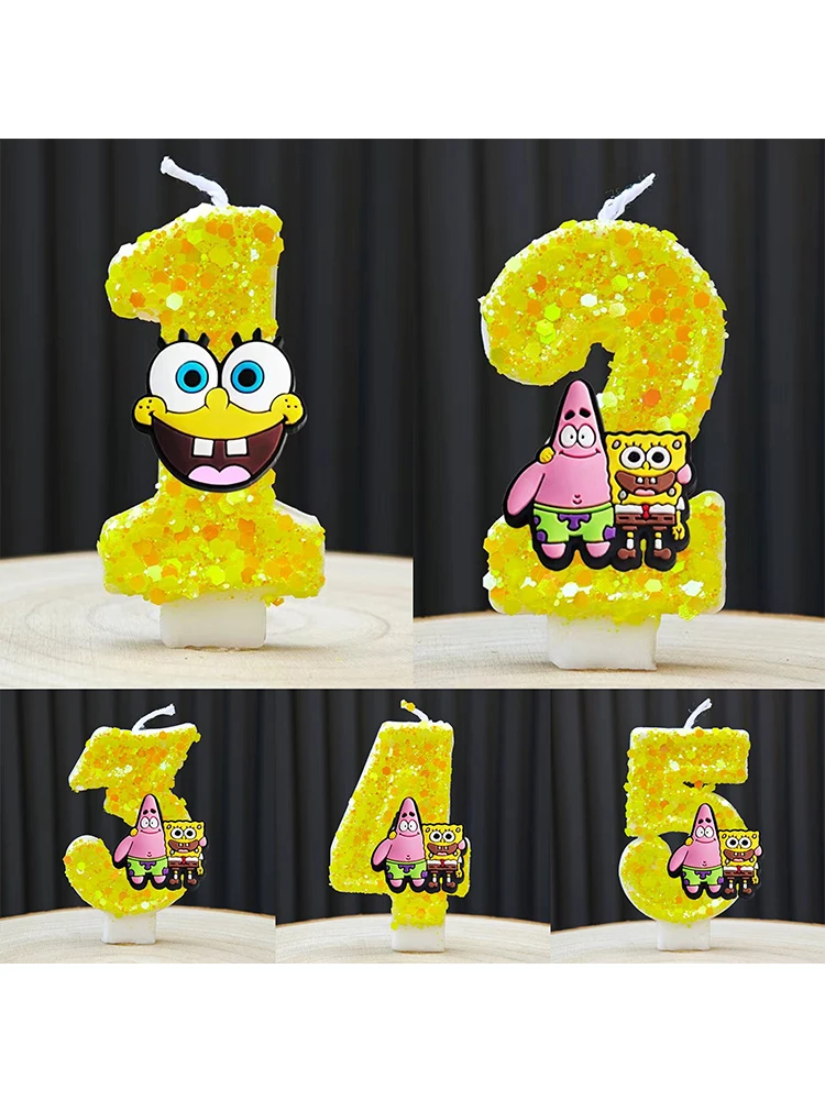 Niedliche SpongeBob-Kerze, Anime-Nummer 0–9, Kindergeburtstagstorte, Dekorationszubehör, niedliche Cartoon-Partyzubehör-Zubehör