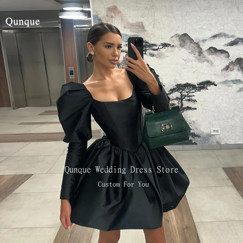 

Qvala пышные рукава выше колена, платья для выпускного вечера, черные мини-вечерние платья с круглым вырезом, женское короткое атласное вечернее платье по индивидуальному заказу