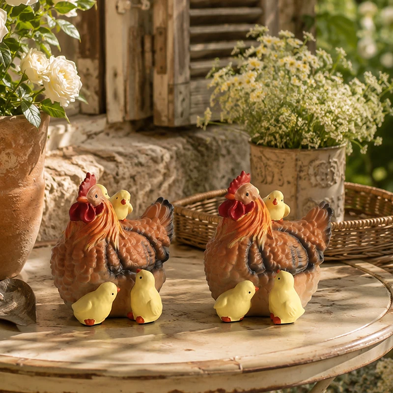 Country Style Resin Hen Chicks Family Figurine Set Farm Animal Statue for Cottage Garden Balcony Stone Table Decor Accent view 3