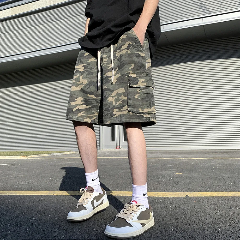 Mens Fashion Cargo Shorts Camouflage Elastic Waist Summer Casual Loose Fit Tactical Sportswear Outdoor Male Trendy Pants