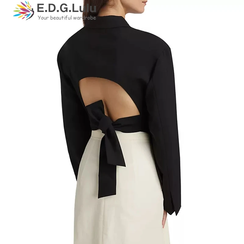 EDGLuLu Korean Fashion Turn-Down Collar Long Sleeved Black Suit Jacket Design Hollowed Backless Lace Up Bow Blazer Coat 1015