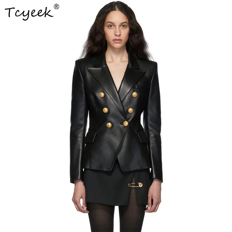 Tcyeek-Jaqueta de couro real feminina, jaquetas de couro genuíno, blazer Outerwear, elegante casaco de pele de carneiro preto